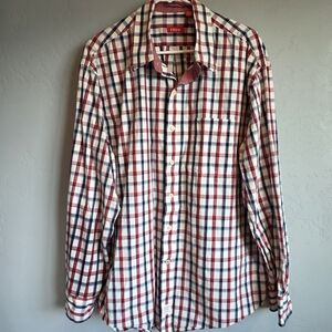 Men's Izod Red and Blue Plaid Casual Button Down Long Sleeve Shirt, XL